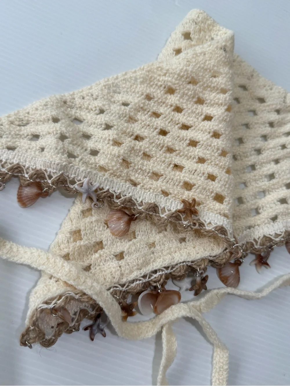 Boho Coastal Crochet Triangle Head Scarf Shell Charm Bandana Cream Beachcore